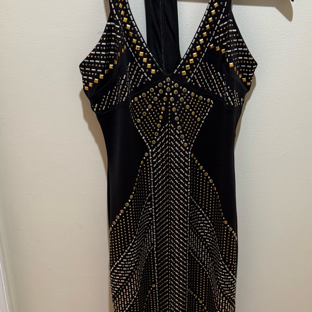 bebe Black and Gold Embellished Backless Dress